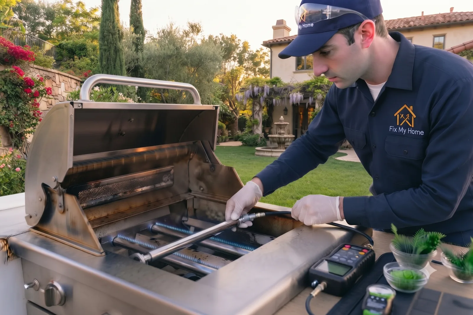 BBQ gas burner repair on a stainless grill in a Dubai villa backyard