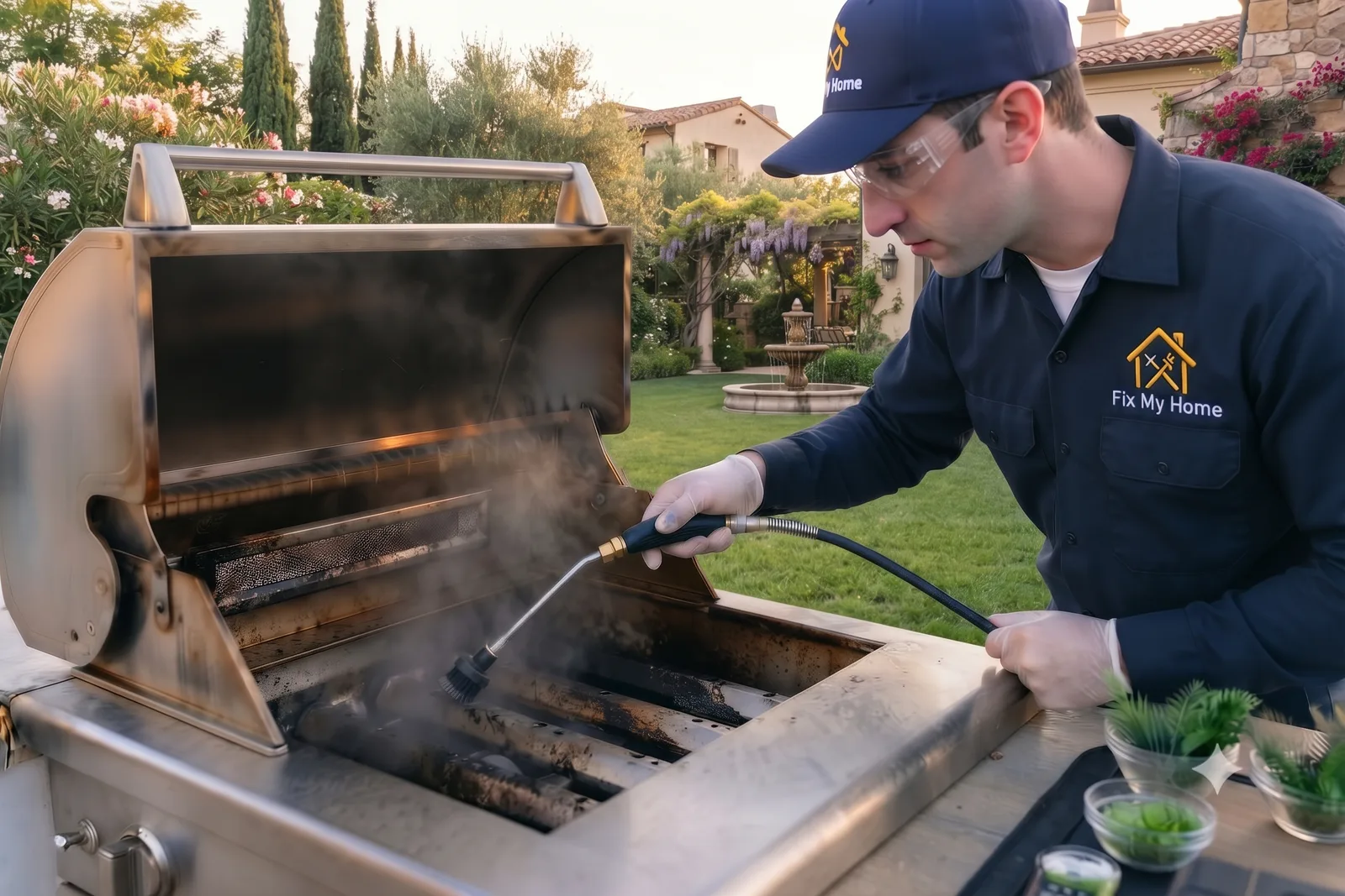 Technician deep cleaning BBQ grill grates in a Dubai villa backyard