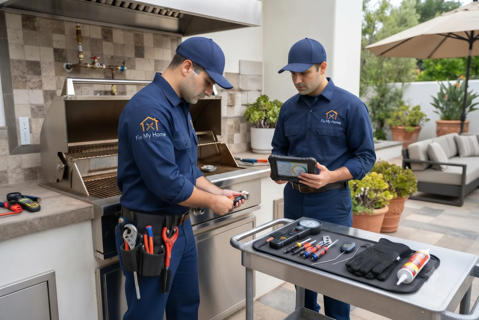 Fix My Home technicians repairing a built-in outdoor BBQ kitchen