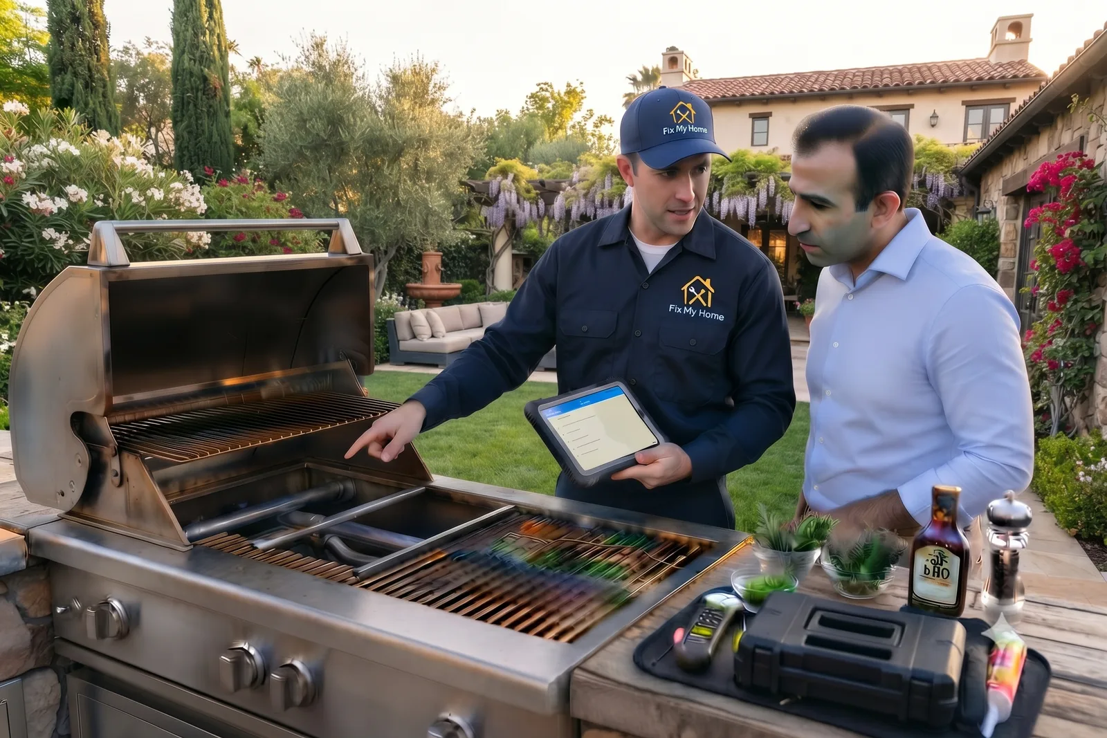 Fix My Home technician consulting a homeowner beside a villa backyard BBQ in Dubai