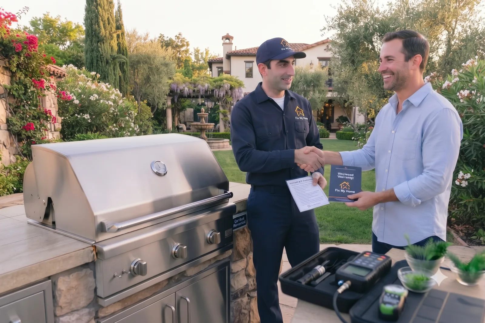 BBQ renovation handover with a serviced grill in a Dubai villa backyard