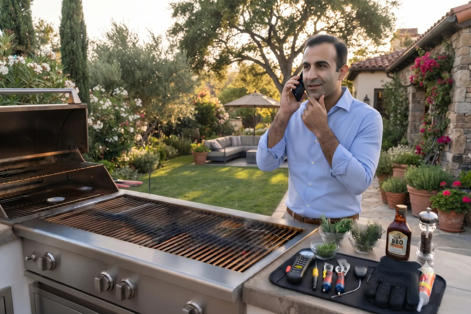 Villa backyard BBQ in Dubai at sunset, ready for an evening gathering